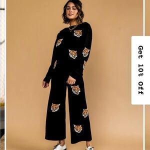 Dressed in LALA Black Wide-Leg Jumpsuit with Tiger Embroidery